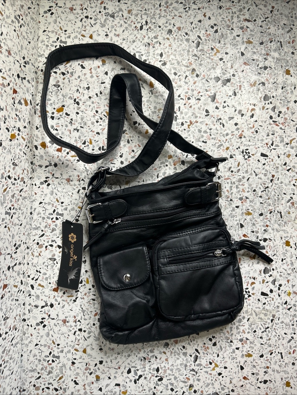 Angel Kiss Black Multi-Pocket Crossbody Handbag Purse Adjustable Strap